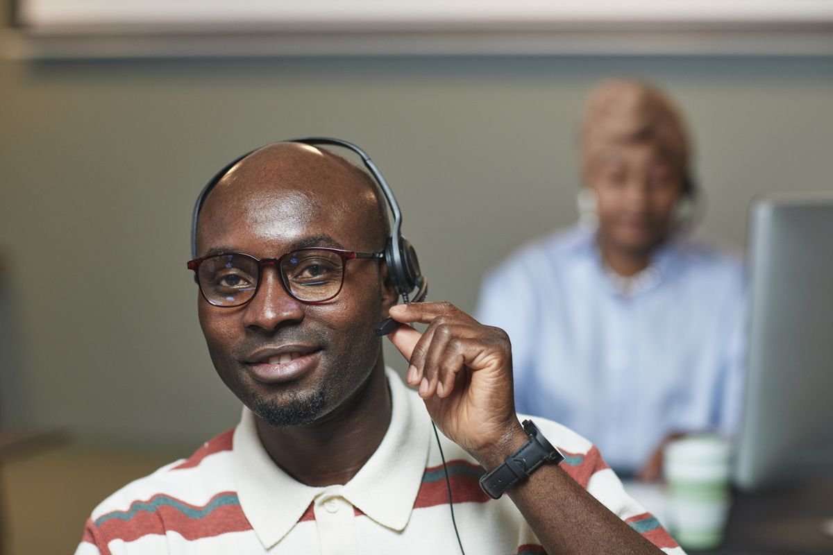 Call-centre agent wearing a headset